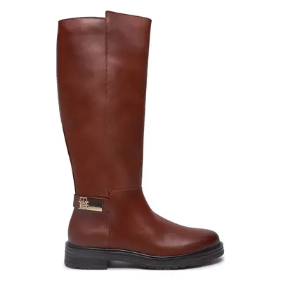 Kozačky ve vojenském stylu Tommy Hilfiger Th Logo Leather Long Boot FW0FW08335 Hnědá