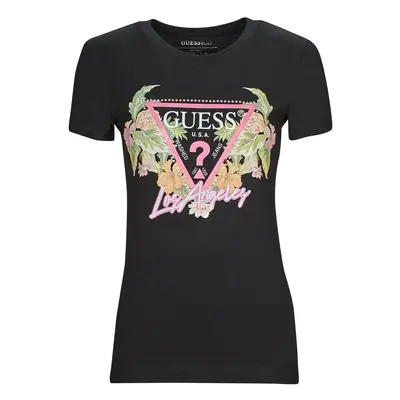 Guess SS CN TRIANGLE FLOWERS TEE Černá