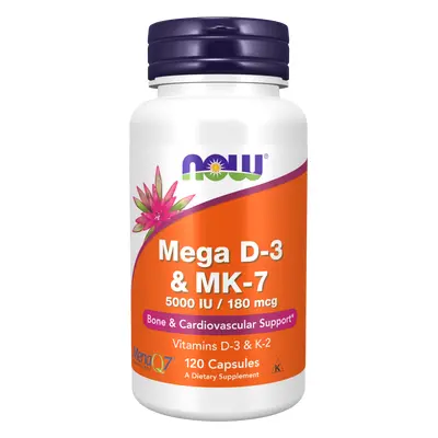 Now® Foods NOW Mega D3 & MK-7, Vitamín d3 5000 IU & Vitamín K2 180 ug, 120 rostlinných kapslí