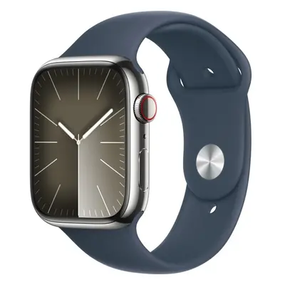 Apple Watch Series 9 Cellular 45mm Stříbrná ocel s bouřkově modrým sportovním řemínkem M/L Stříb