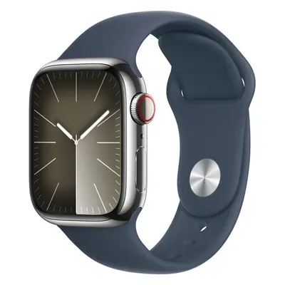 Apple Watch Series 9 Cellular 41mm Stříbrná ocel s bouřkově modrým sportovním řemínkem S/M Stříb