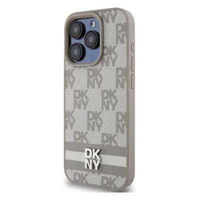 DKNY PU Leather Checkered Pattern and Stripe kryt iPhone 15 Pro Max béžový