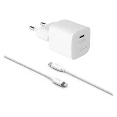 FIXED Mini nabíječka s USB-C a USB-C/Lightning kabelem, PD, 1 m, MFI, 20W, bílá