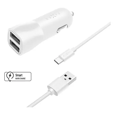 FIXED autonabíječka s 2x USB a USB/USB-C kabelem (1m), 15W, bílá