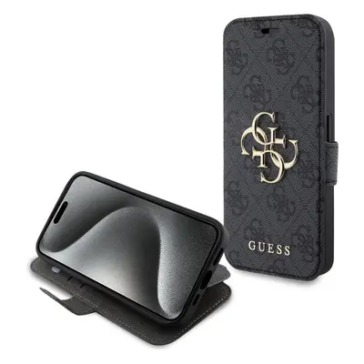 Guess PU 4G Metal Logo Book pouzdro iPhone 15 Pro šedé