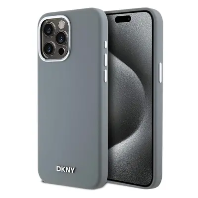 DKNY Liquid Silicone Silver Metal Logo Magsafe kryt iPhone 15 Pro Max šedý