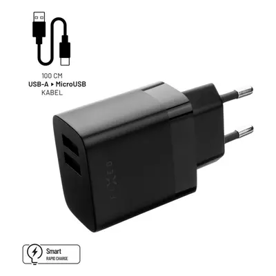 FIXED nabíječka s USB-A/MicroUSB kabelem, 1 m, 17W, černá