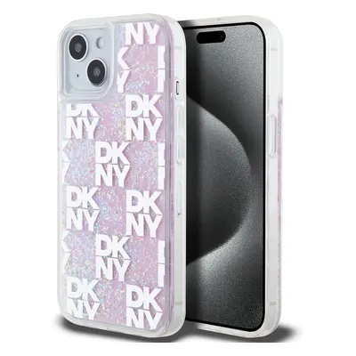 DKNY Liquid Glitter Checkered Pattern kryt iPhone 15 růžový