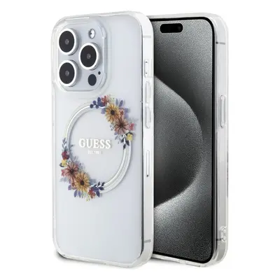 Guess PC/TPU Flowers Ring Glossy Logo MagSafe kryt iPhone 15 Pro čirý