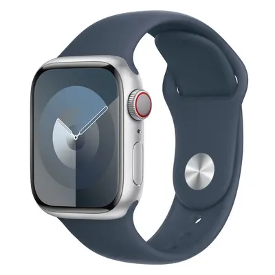 Apple Watch Series 9 Cellular 41mm Stříbrný hliník s bouřkově modrým sportovním řemínkem M/L Stř