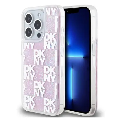 DKNY Liquid Glitter Checkered Pattern kryt iPhone 15 Pro růžový