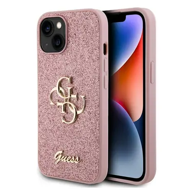 Guess PU Fixed Glitter 4G Metal Logo kryt iPhone 13 růžový