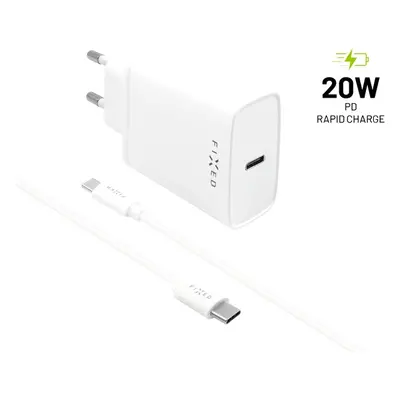 FIXED síťová USB-C nabíječka s USB-C/USB-C kabelem, PD, 1 m, 20W, bílá