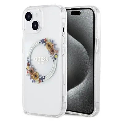 Guess PC/TPU Flowers Ring Glossy Logo MagSafe kryt iPhone 15 Plus čirý