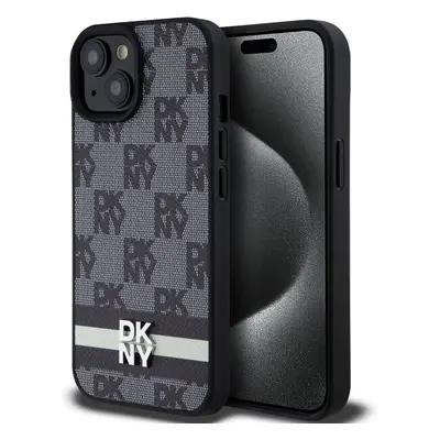 DKNY PU Leather Checkered Pattern and Stripe kryt iPhone 15 černý