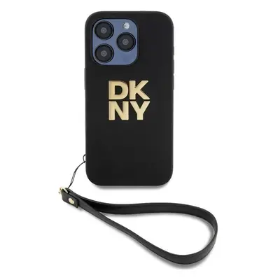 DKNY PU Leather Stack Logo Wrist Strap kryt iPhone 14 Pro Max černý