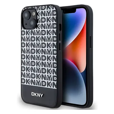 DKNY PU Leather Repeat Pattern Bottom Stripe MagSafe kryt iPhone 13 černý