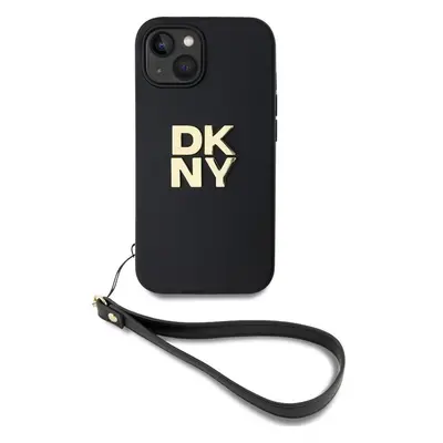 DKNY PU Leather Stack Logo Wrist Strap kryt iPhone 13 černý