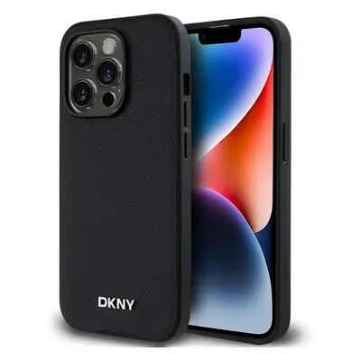 DKNY PU Leather Silver Metal Logo Magsafe kryt iPhone 14 Pro Max černý