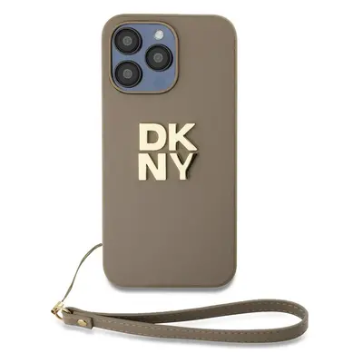 DKNY PU Leather Stack Logo Wrist Strap kryt iPhone 14 Pro Max béžový