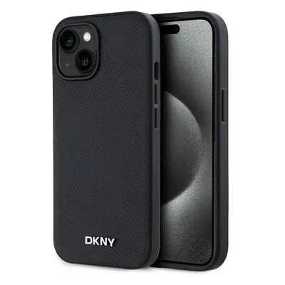 DKNY PU Leather Silver Metal Logo Magsafe kryt iPhone 13 černý