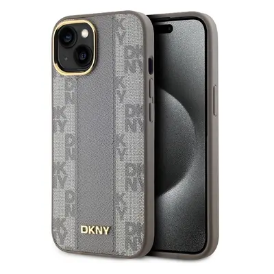 DKNY PU Leather Checkered Pattern Magsafe kryt iPhone 15 béžový