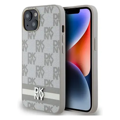 DKNY PU Leather Checkered Pattern and Stripe kryt iPhone 15 béžový