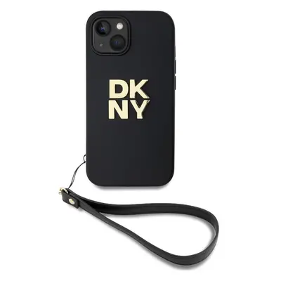 DKNY PU Leather Stack Logo Wrist Strap kryt iPhone 15 černý