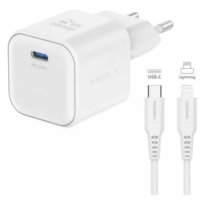 Swissten síťový adaptér GaN 1x USB-C 35W PD + datový kabel USB-C/Lightning 1,2 m bílý