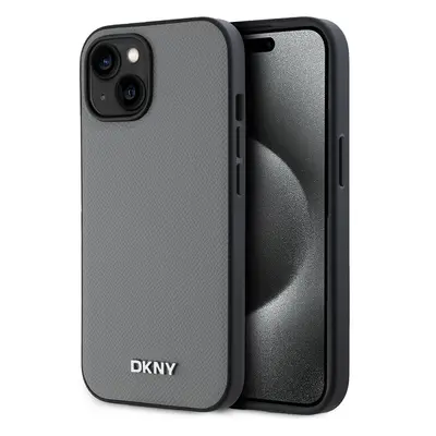 DKNY PU Leather Silver Metal Logo Magsafe kryt iPhone 15 šedý