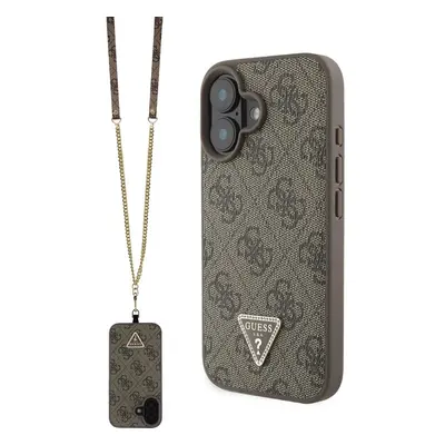 Guess PU 4G Strass Triangle Metal Logo kryt + Crossbody Popruh pro iPhone 16 hnědý