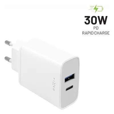 FIXED síťová nabíječka s USB-C/USB výstupem, PD, 30W, bílá