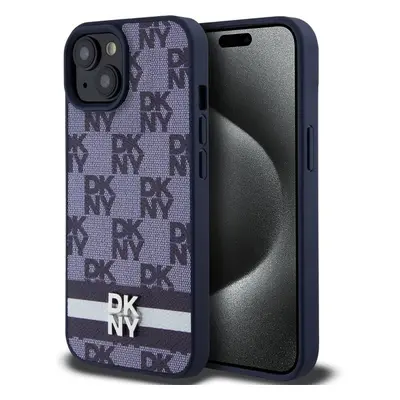 DKNY PU Leather Checkered Pattern and Stripe kryt iPhone 15 modrý