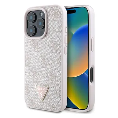 Guess PU 4G Strass Triangle Metal Logo kryt pro iPhone 16 Pro Max růžový