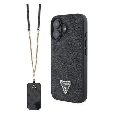 Guess PU 4G Strass Triangle Metal Logo kryt + Crossbody Popruh pro iPhone 16 černý