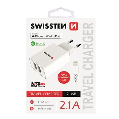 SWISSTEN síťový adaptér 2xUSB, 2,1A, MFi bílý + kabel USB/Lightning