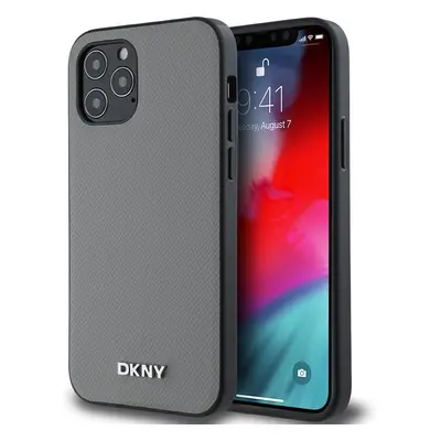 DKNY PU Leather Silver Metal Logo Magsafe kryt iPhone 12/12 Pro šedý