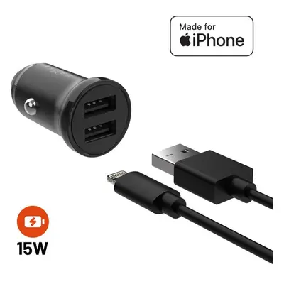 FIXED set autonabíječky s 2xUSB výstupem a USB/Lightning kabelem, 1 metr, Mfi, 15W černý