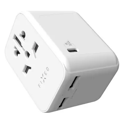 FIXED Voyager (30W) cestovní adaptér EU/UK/USA/AUS, 1xUSB-C a 2xUSB, GaN, PD, bílý