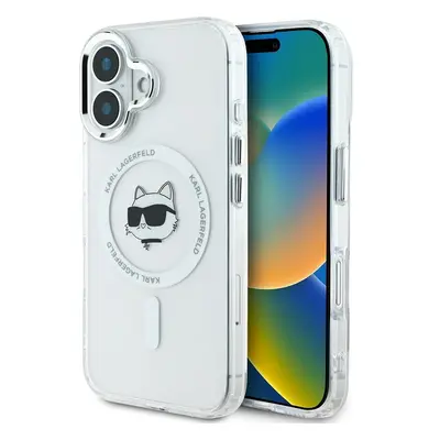 Karl Lagerfeld IML Choupette Head Metal Frame MagSafe kryt pro iPhone 16 čirý