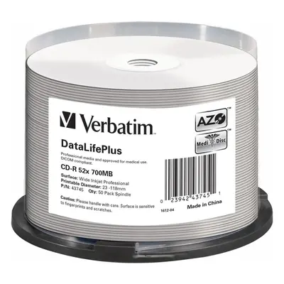 VERBATIM CD-R(50 ks) spindl, AZO 52X,700MB,bílý WIDE PRINTABLE SURFACE NON-ID