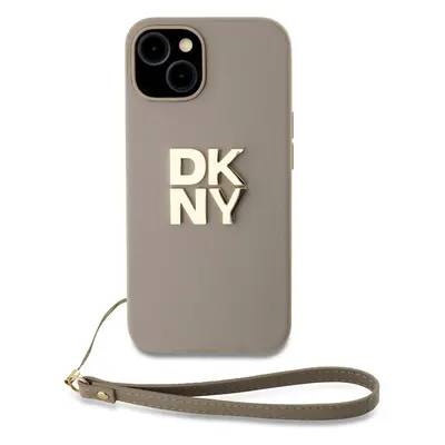 DKNY PU Leather Stack Logo Wrist Strap kryt iPhone 13 béžový