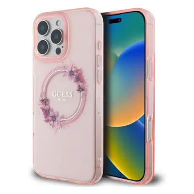 Guess IML Flowers Ring MagSafe kryt pro iPhone 16 Pro růžový