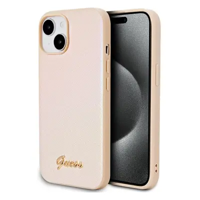 Guess PU Leather Iridescent Metal Script kryt iPhone 15 zlatý