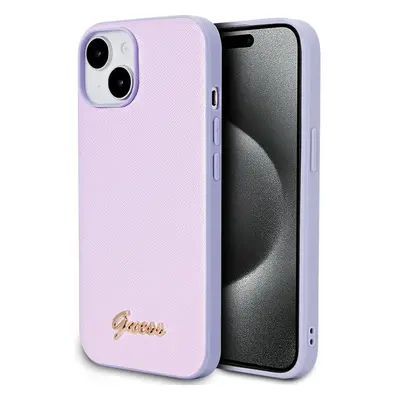 Guess PU Leather Iridescent Metal Script kryt iPhone 15 fialový