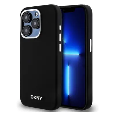 DKNY Liquid Silicone Silver Metal Logo Magsafe kryt iPhone 15 Pro černý