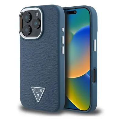 Guess PU Grained Triangle Logo kryt pro iPhone 16 Pro Max modrý