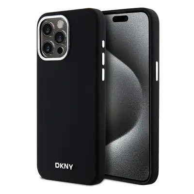 DKNY Liquid Silicone Silver Metal Logo Magsafe kryt iPhone 15 Pro Max černý