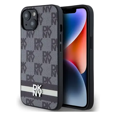 DKNY PU Leather Checkered Pattern and Stripe kryt iPhone 14 černý