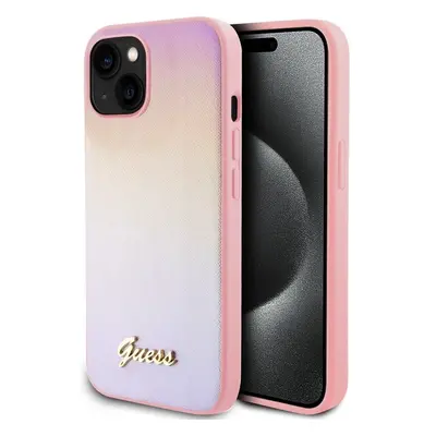 Guess PU Leather Iridescent Metal Script kryt iPhone 15 růžový